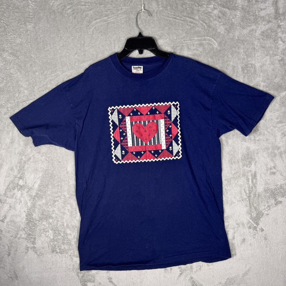 Vintage Oneita Shirt Mens 2XL Blue Patchwork‎ Heart Quilt Graphic Made USA 90s